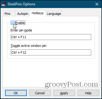 Možnosti klávesových zkratek v aplikaci DeskPins