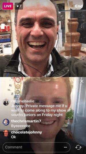Když máte na svém živém videu na Instagramu hosta, rozděluje obrazovku na dva čtverce s hostitelem na horní obrazovce videa.