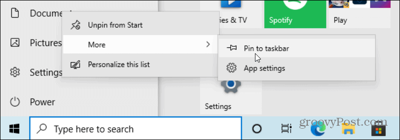 připnout nastavení na hlavní panel Windows 10