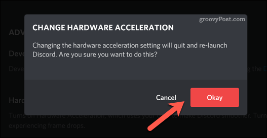 Potvrzení změny nastavení hardwarové akcelerace Discord