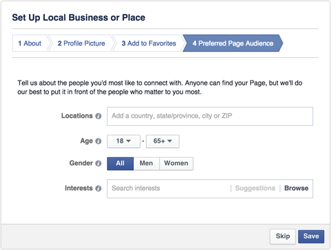 preferované publikum na stránce místního podnikání na facebooku