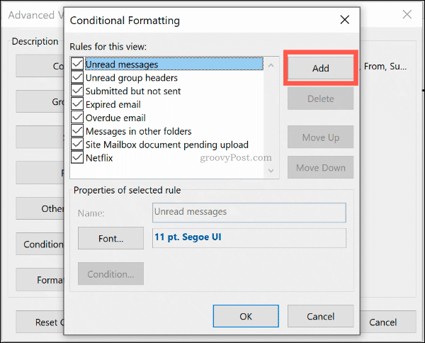 Klepnutím na tlačítko Přidat přidáte nové pravidlo podmíněného formátu v aplikaci Outlook