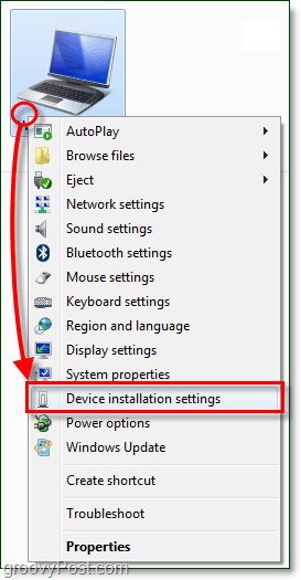 v místní nabídce počítače se systémem Windows 7 a přejděte dolů na nastavení instalace zařízení