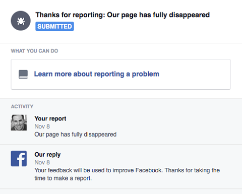 hlášení chybějící stránky na Facebooku