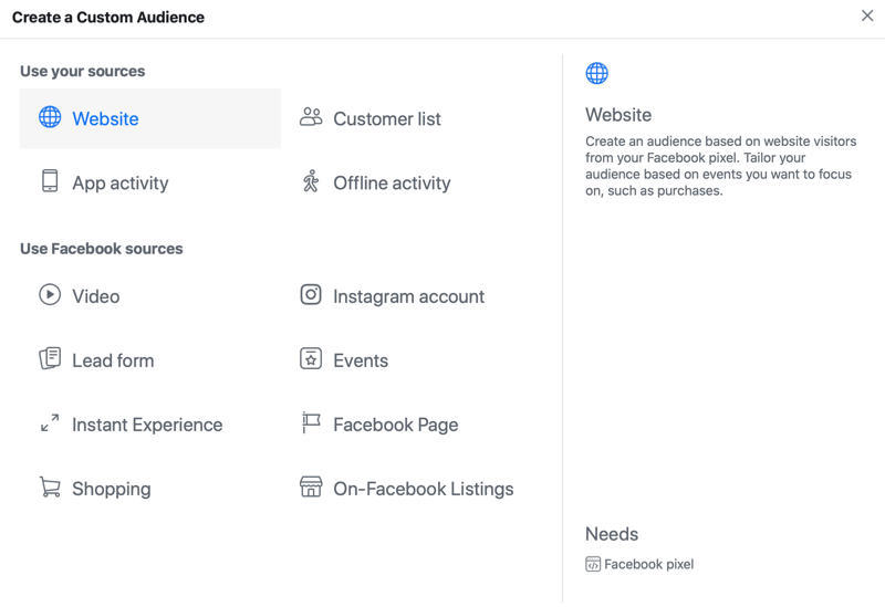 Možnosti nabídky vlastního publika na facebooku s vybranou možností zdroje webu