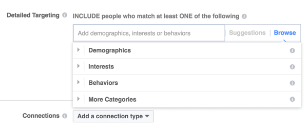 Facebook nabízí tři hlavní kategorie cílení.