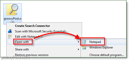 otevřete vyhledávací konektor pomocí poznámkového bloku a upravte jej v systému Windows 7