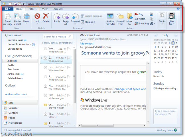skvělá nová stuha pro Windows Live Mail