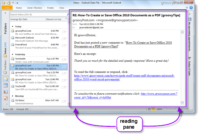 Podokno čtení aplikace Outlook 2010 zobrazuje e-maily
