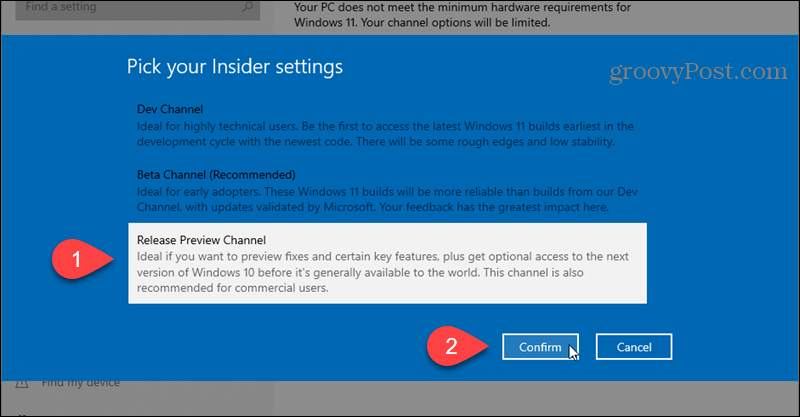 Vyberte kanál náhledu vydání pro program Windows Insider