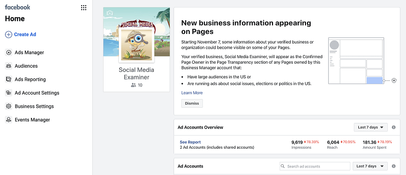 Facebook upozorňuje uživatele Business Manageru na ověření jejich podnikání.