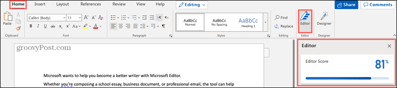 Tlačítko a postranní panel Microsoft Editoru v aplikaci Word online