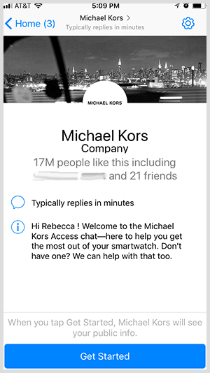 Chcete-li se přihlásit do robota Messenger, jako je ten od Michaela Korsa, uživatelé kliknou na tlačítko Začínáme.