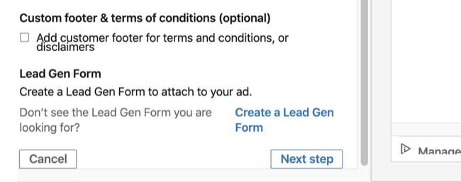 Možnost Lead Gen Form v sekci Basic Info v nastavení reklamy na konverzaci na LinkedIn