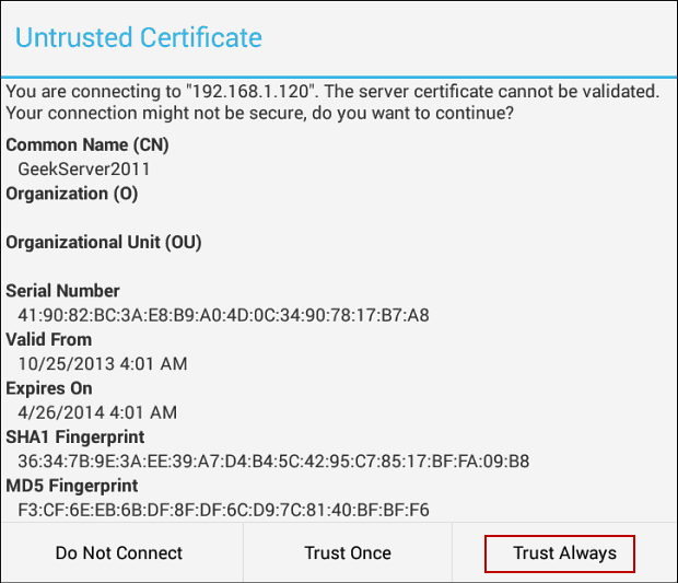 nedůvěryhodný certifikát
