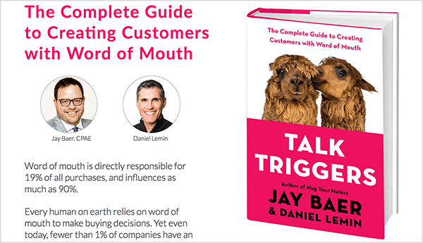 Toto je snímek obrazovky webu Talk Triggers. Vlevo je text o knize a fotografiích Jay Baera a Daniela Lemina. Vpravo je přebal knihy pro Talk Triggers.