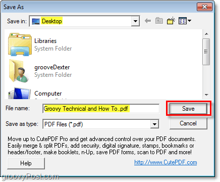 Vyberte umístění pro uložení nového souboru PDF pro nově vytvořený soubor PDF pomocí roztomilýPDF v systému Windows