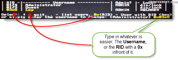 Vybrat!, přestaň. - seznam uživatelů, 0x <RID> - Uživatel s RID (hex) nebo jednoduše zadejte uživatelské jméno, které chcete změnit: [Správce]
