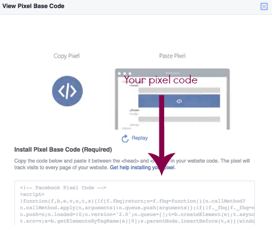 Zkopírujte svůj pixelový kód Facebook přímo z této stránky.