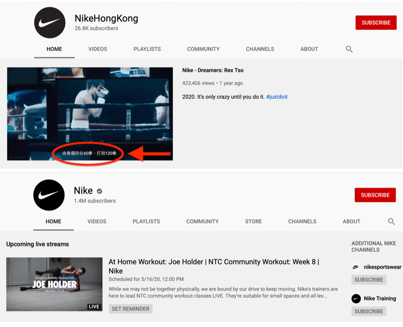 All-market účet YouTube společnosti Nike a hongkongský účet specifický pro daný trh