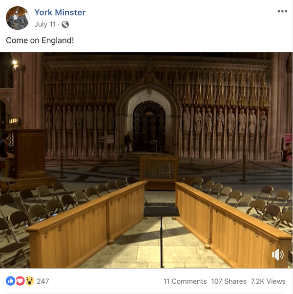 Příklad příspěvku na Facebooku s aktuálním tématem z York Minster.