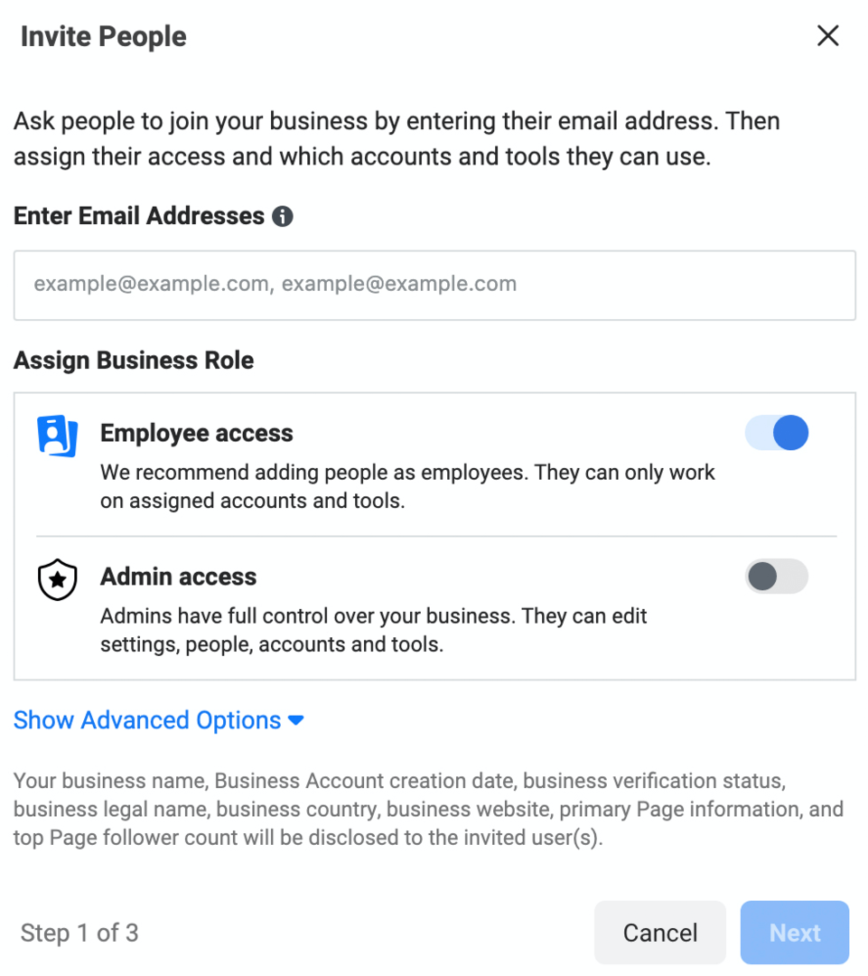 obrázek obrazovky Pozvat lidi v Meta Business Manageru