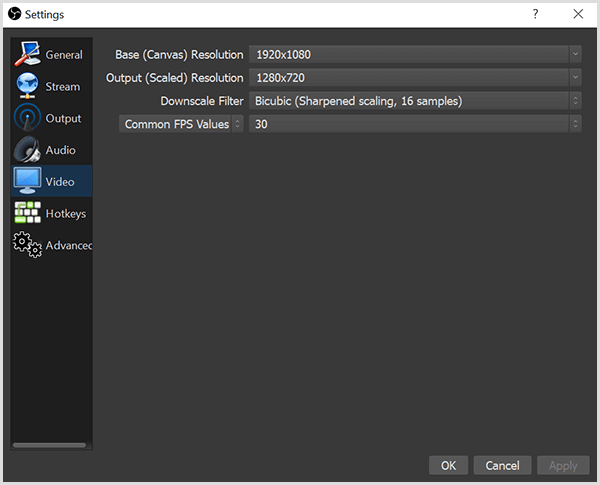 Dialogové okno Nastavení OBS Studio obsahuje možnosti na kartě Video pro nastavení základního rozlišení a našeho výstupního rozlišení. Krabice má také možnosti pro filtr se zmenšením měřítka a FPS nebo snímky za sekundu.