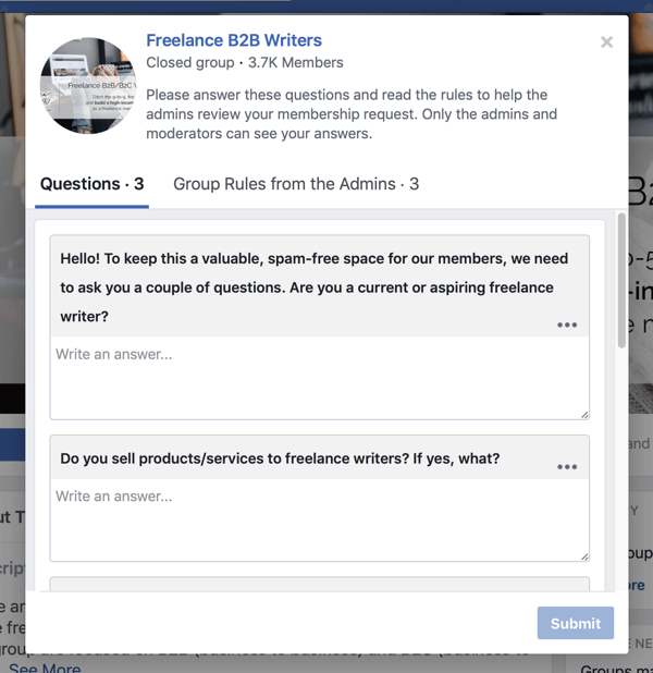 Jak vylepšit komunitu ve skupině na Facebooku, příklad dotazů na nové členy ve skupině na Facebooku od autorů na volné noze B2B