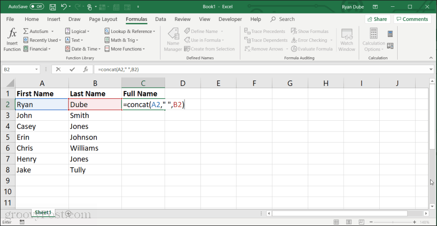 pomocí funkce concat v Excelu
