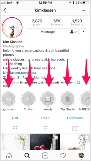 Instagramové zvýraznění na profilu Kim Klassen.