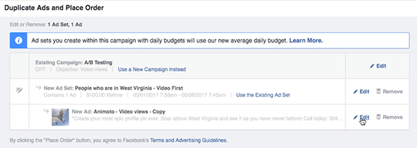 Klikněte na odkaz Upravit napravo od vaší nové sady reklam na Facebooku.