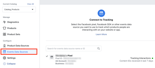 Pomocí nástroje nabídky Facebook Event Setup Tool, krok 24, možnost nabídky připojte pixel Facebook ke svému katalogu