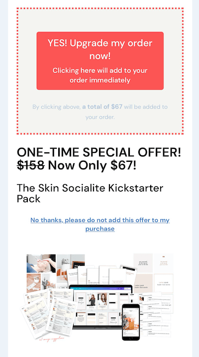 příklad nabídky prodeje instagramů upsell ve výši 67 $ za balíček kickstarter