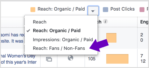 Ve Statistikách stránky na Facebooku klikněte na šipku vedle možnosti Reach: Organické / Placené.