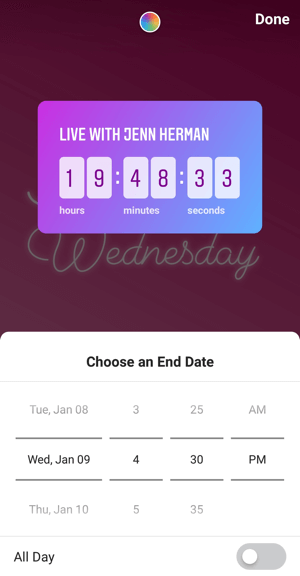 Jak používat nálepku Instagram Countdown pro podnikání, krok 4 odpočítávání času ukončení.