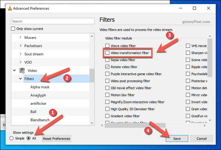 Povolení filtrů pro transformaci videa ve VLC ve Windows