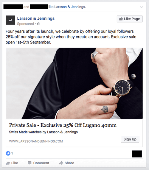 Reklama na exkluzivní prodej od značky hodinek Larsson & Jennings.