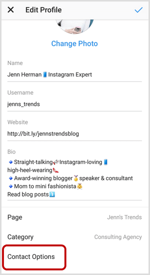 Možnosti kontaktu na obrazovce Upravit profil Instagramu