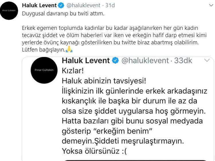 Haluk Levent Pınar získal reakci po sdílení, které udělal po Gültekinově vraždě!