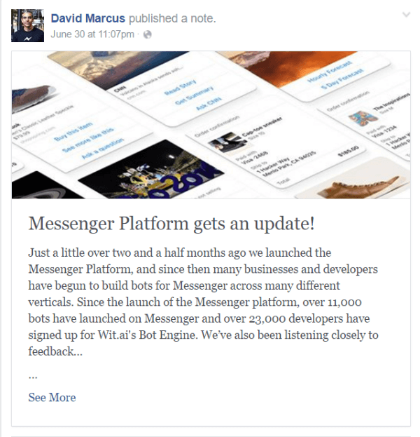 aktualizace robota facebook messenger