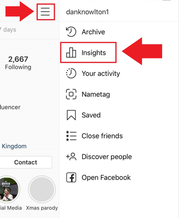 Marketingová strategie sociálních médií; Screenshot, kde získat přístup k Instagram Insights v aplikaci Instagram.