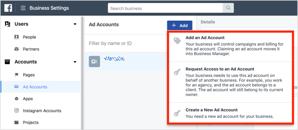 Máte tři možnosti přístupu k reklamnímu účtu v Business Manageru.
