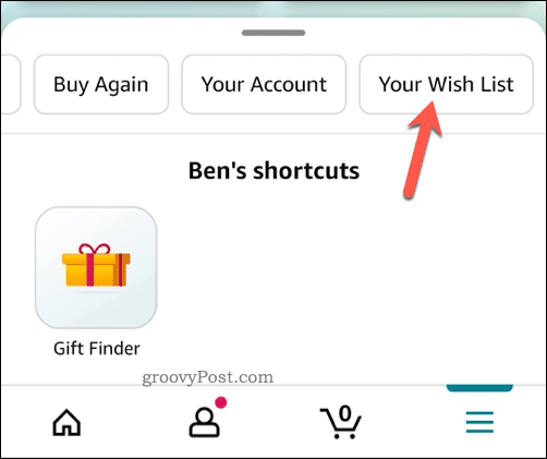 Otevření nabídky seznamu přání v aplikaci Amazon