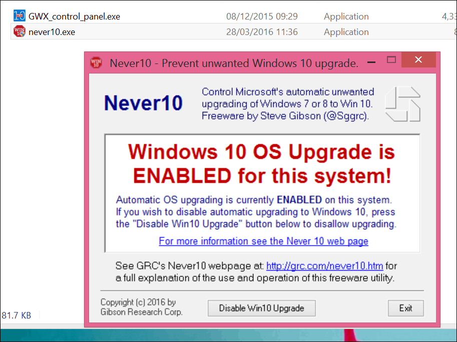 Zastavte upgrade systému Windows 10 pomocí aplikace Never 10 nebo samotné aplikace GWX