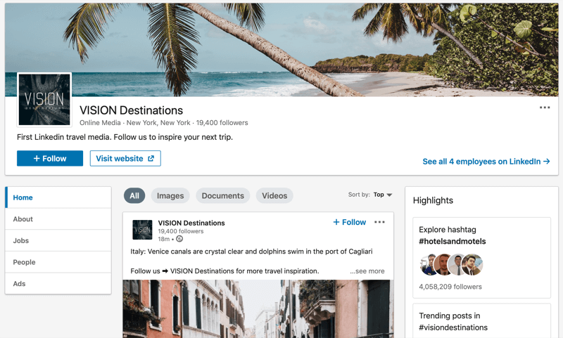 Stránka společnosti LinkedIn pro VISION Destinations