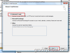 Vytvořit nový e-mailový účet v aplikaci Outlook 2007:: Přepínač elektronické pošty v Internetu