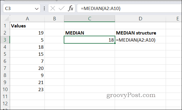 Příklad výsledku MEDIAN v Excelu