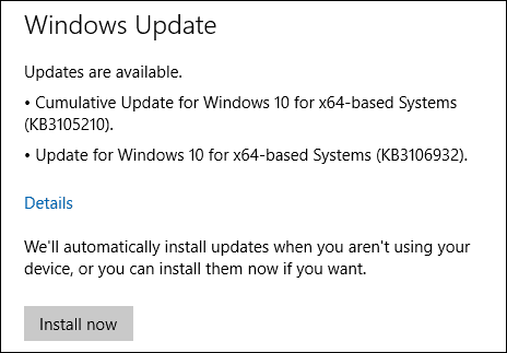 Aktualizace systému Windows 10 KB3105210 KB3106932