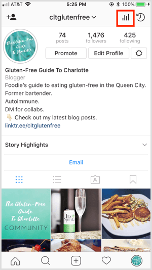 Instagram Insights přístup z profilu