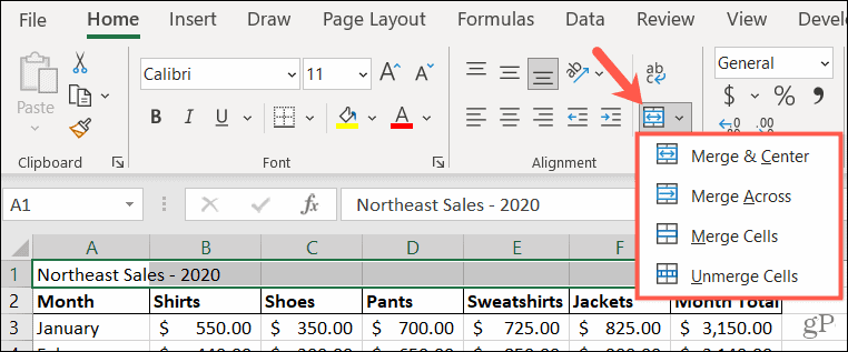 Možnosti sloučení v aplikaci Excel